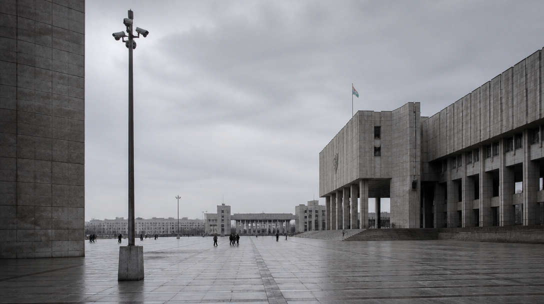 Ett brutalistiskt torg med övervakningskameror under grå himmel