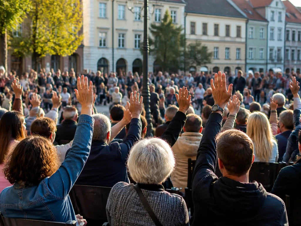 Medborgare samlade på ett torg med upphöjda händer — direktdemokrati i form av folkförsamling och handuppröstning