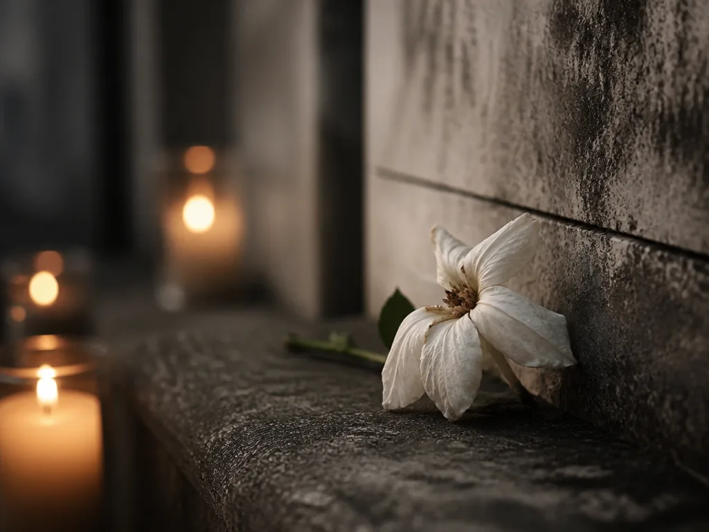 Vissnad vit blomma på en sliten stenmur, ljus från ett ensamt stearinljus