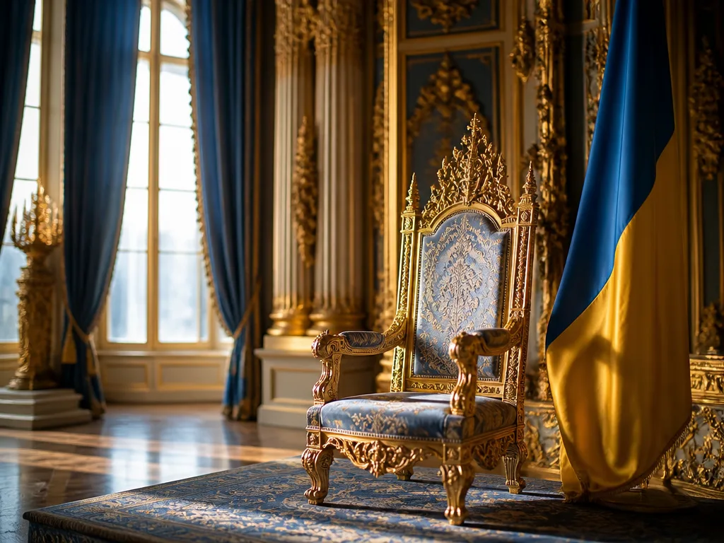 Tomt gyllene tronrum i ett slott med höga fönster och dagsljus