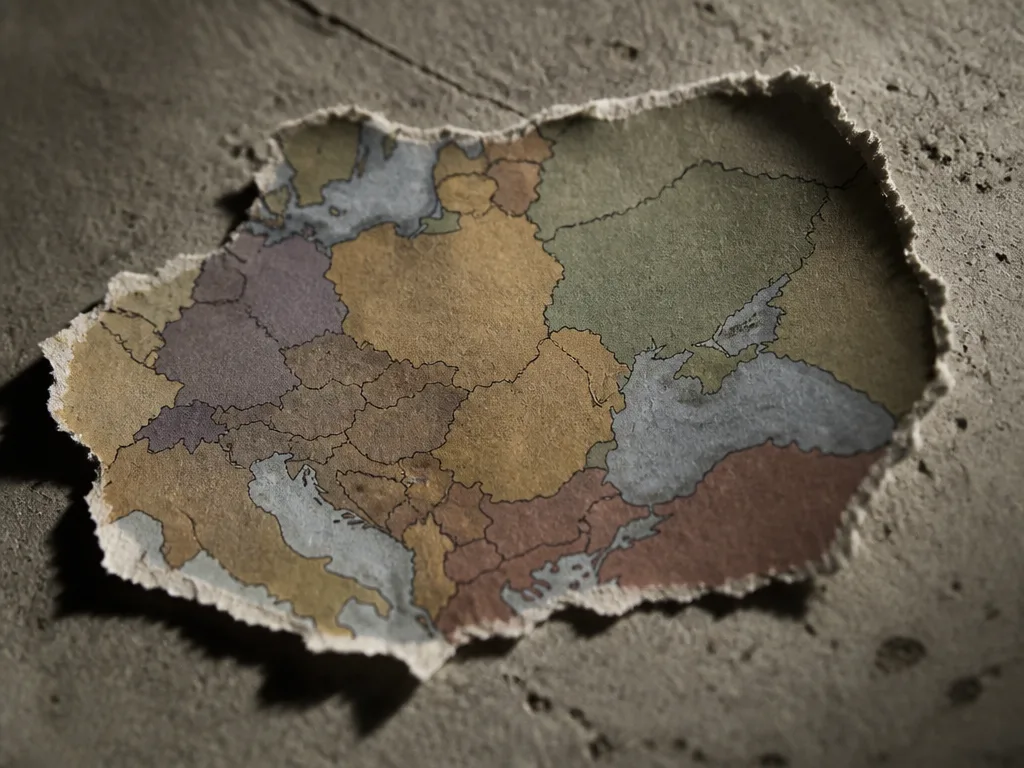 Trasig tidningskarta över Östeuropa på betongunderlag — symbol för krigets sönderfall