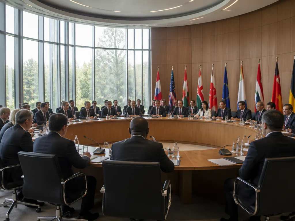 Diplomater samlade runt ett stort konferensbord i en modern mötessal med nationsflaggor i bakgrunden
