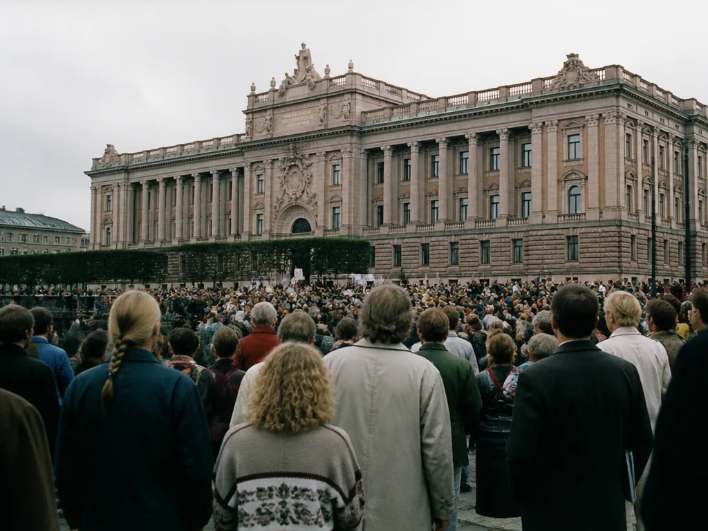 Folkmassa utanför riksdagshuset i dokumentärt svartvitt — symbolbild för Ny demokratis inträde i riksdagen 1991