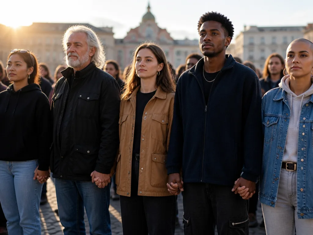 Diverse grupp människor håller händer i solidaritet på ett öppet torg