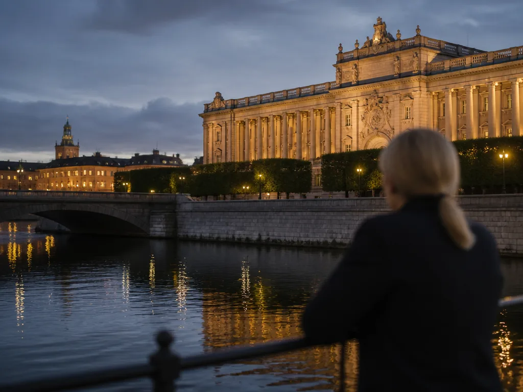 Riksdagshuset i Stockholm i skymningsljus speglat i vattnet — symbolbild för representativ demokrati och folkstyre