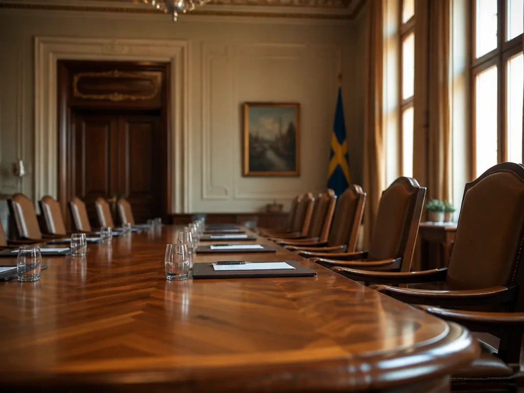 Tomt konseljrum med ett långt träbord och läderstolar i varmt ljus genom höga fönster