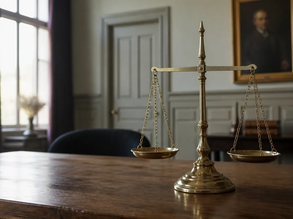 Justitiavåg på ett träskrivbord i ett rättsrum med naturligt fönsterljus