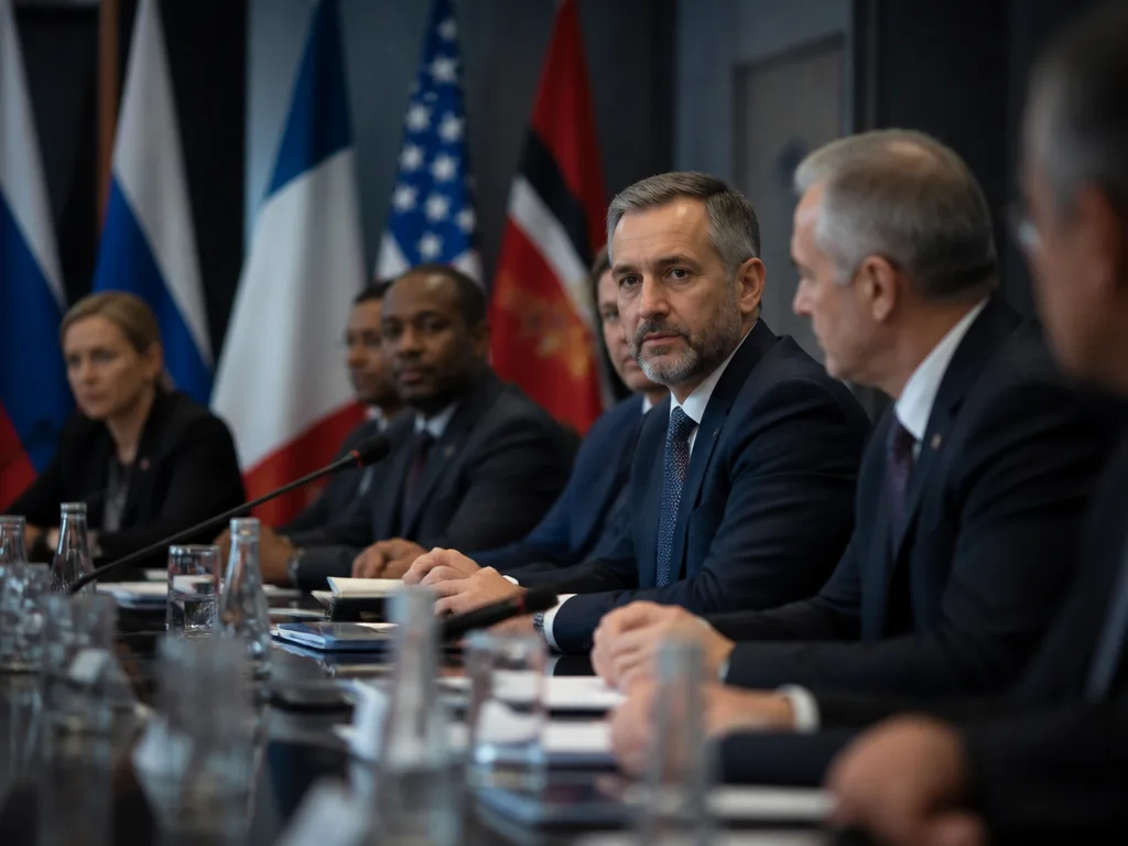 Diplomatiskt konferensbord med nationsflaggor i bakgrunden — symbol för NATOs kollektiva beslutsfattande